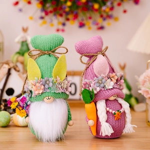 Handmade Easter bunny gnomes set with knitted hats and rabbit ears for spring decoration