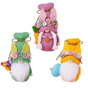 Set of three Easter gnome plushies in green, purple and yellow with knitted textures