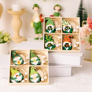 St. Patrick's Day wooden gnome ornaments set with lucky clover patterns and beads