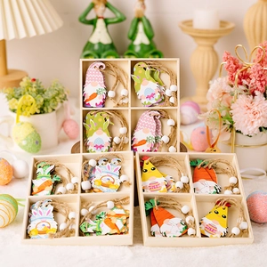 Décorations Suspendues en Bois de Pâques Gnome Carotte Œuf Ornements Avec Boîte en Bois Grillagée et Corde pour Fête Maison