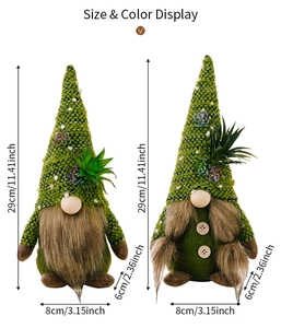 Size display of green knitted succulent gnomes showing height 29cm and width 8cm