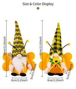 Detailed size and dimension view of bee themed gnome plush dolls with wings and antennas