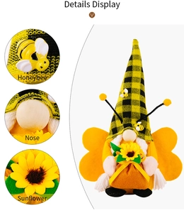 Detail display of bee gnome features including wooden nose and yellow sunflower decor