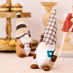 Coffee-themed gnome plush dolls with burlap hats and mini cups for cozy cafe shelf decor