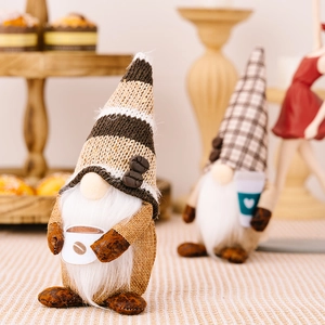 Charming coffee themed gnome plush set with knitted hats and coffee bean decor for tabletop