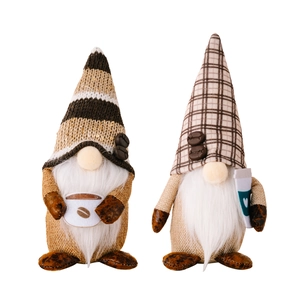 Pair of coffee-themed Swedish gnomes with stripe hats and coffee cup accessories