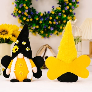Plush bee gnome set with daisy hats and wings for spring tabletop home decoration