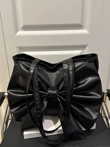 Women Large Bow Tote Bag PU Leather Shoulder Bag Fashion Korean Style Solid Color Crossbody Commute Handbag For Ladies