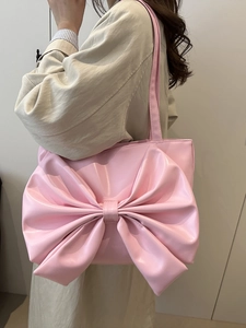 Pink large bow shoulder tote bag in soft faux leather for women's autumn fashion
