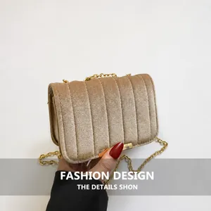 Detail of velvet crossbody bag with vertical quilting and gold chain strap