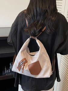 Casual large capacity canvas crossbody bag in light grey with brown leather accents
