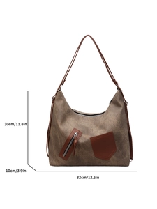 Retro brown large capacity shoulder bag for women with multiple pockets and 32cm width