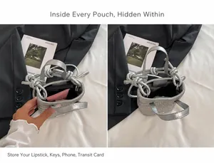 Vue détaillée de l'intérieur du mini sac tressé argenté avec poignée à nœud