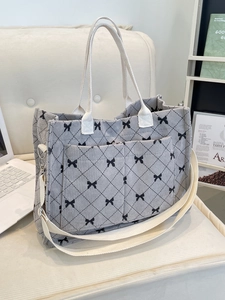 Corduroy Tote Bag Women Bow Print Plaid Pattern Large Capacity Handbag With Adjustable Strap Front Pockets Casual Simple