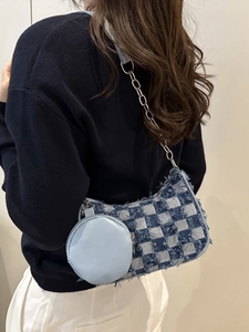 Blue and white checkerboard canvas tote with silver chain strap and mini coin purse charm