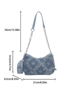 Star-patterned blue denim shoulder bag with chain strap and mini purse, 21cm width