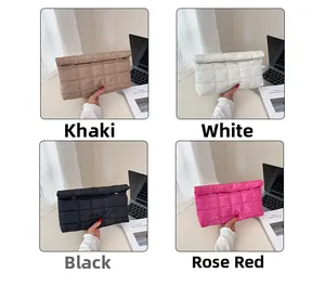 Detailed four-color grid showing quilted nylon clutches in khaki, white, black, and rose red