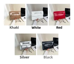 Detailed grid view of minimalist chain shoulder bags in khaki, white, red, silver, and black