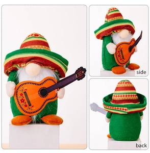 Drei-Wege-Ansicht eines Karnevals-Gnomes mit buntem Sombrero und Mini-Gitarre