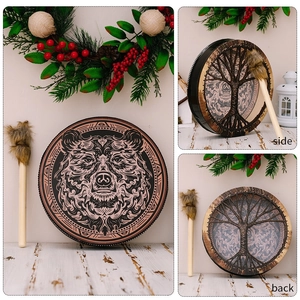 Shaman Drum Bear Totem Pattern Frame Drum With Drumstick Plywood Polyester Faux Sheepskin Siberian Spiritual Ritual Decoration
