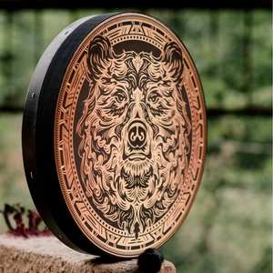 Handcrafted Shamanic Siberian Drum with brown bear totem and bronze tribal design details