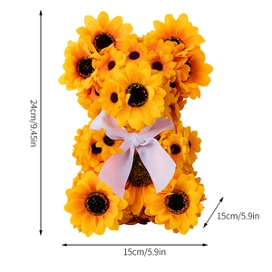 Detailed view of the 24cm sunflower bear statue with dimensions and ribbon detail