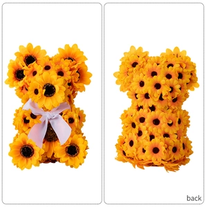 Detailed front and back view of sunflower bear ornament with white satin ribbon bow