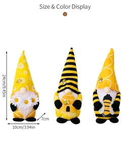 Detailed size specifications of three bee-themed gnomes with daisy and stripe patterns