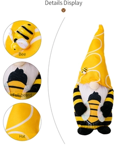 Detail display of bee gnome plush with knitted hat, long white beard and 3D bee accents