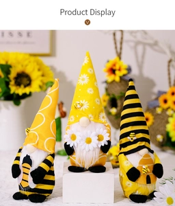 Three bee festival gnomes with sunflowers and honey theme on a rustic wooden background