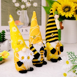Three-piece bee gnome plush set with sunflowers and daisy patterns for home decor