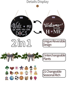 Detail display of 2-in-1 reversible wooden door sign with 21 seasonal icons and foliage