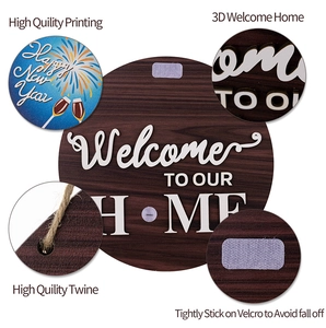 Detail of wooden welcome sign with 3D lettering and interchangeable New Year decor piece
