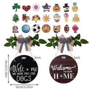 Welcome Door Sign Reversible Round Wood Interchangeable Seasonal Icons Burlap Bow Artificial Greenery Rustic Home Decor