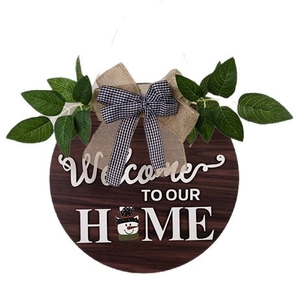 Rustic wooden welcome door wreath with burlap bow and snowman icon for home decor