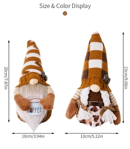 Size display of a pair of coffee themed Swedish gnomes with knitted hats and coffee cups