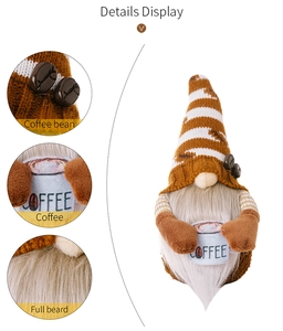 Detail view of coffee gnome featuring texture of beans, cup, and soft grey beard