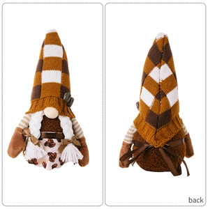 Front and back detail of coffee gnome plush with knitted hat and braid decorations