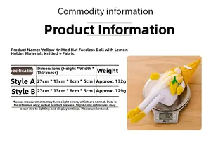 Detailed size and weight measurement of yellow knitted gnome doll with lemon accessory