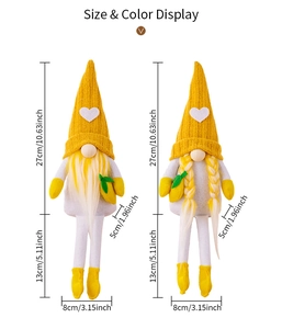 Size display of yellow knit lemon gnomes with long legs and heart-accented hats