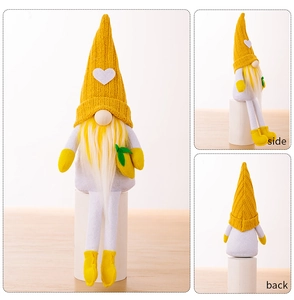 Three-sided view of yellow knitted lemon gnome figurine showing front side and back details