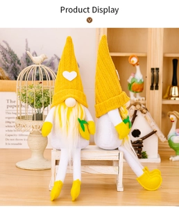 Close-up of knit yellow lemon gnome plush with white beard on a rustic wooden background
