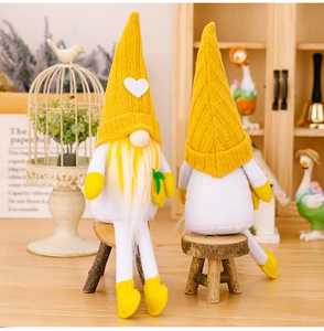 Front and back detail of two yellow knitted gnomes on mini wooden stools