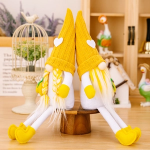 Yellow knitted summer gnome plush pair with lemon theme and long legs for home decor