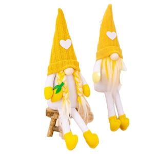 Pair of yellow knit summer garden gnomes with white hearts and dangling legs