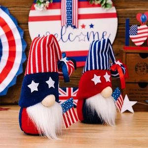 Close-up of patriotic gnome plush set with American flag stars and stripes accessories
