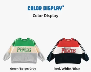 Detail of color-block kids sweatshirts with 'HOW ARE YOU PRINCESS' print in two styles