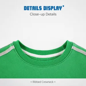 Close-up of green fleece sweatshirt ribbed crewneck with white decorative tape detail