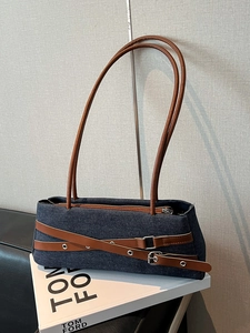 Sac Sous Les Aisselles Vintage En Denim Et Similicuir Pour Femmes Sac À Épaule Rétro Avec Boucle De Ceinture Détail Fourre-Tout Élégant