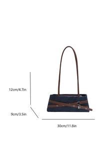 Sac baguette en denim avec boucles en cuir, dimensions 30x12x9 cm, bleu brun